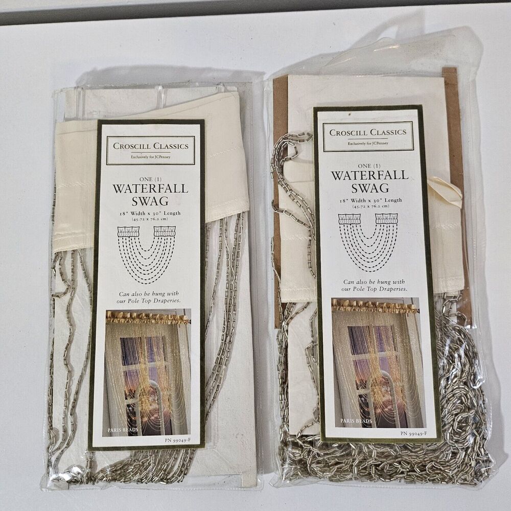 Croscill Classics Silver Paris Beads Sequin Beaded Waterfall Swag 18" x 30" Two